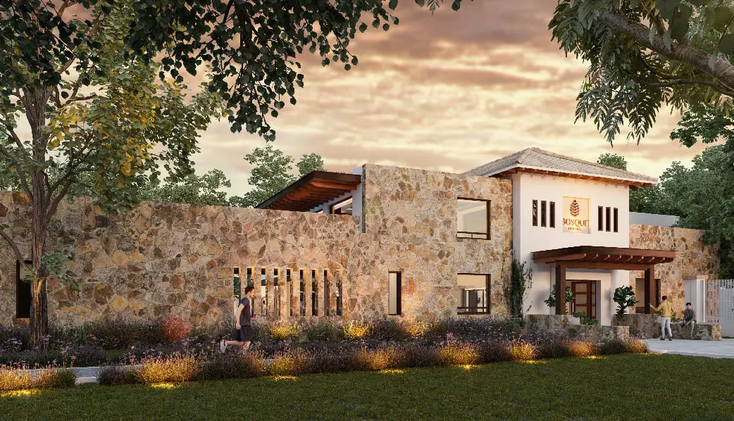 Facade of the clubhouse in the Bosque Central